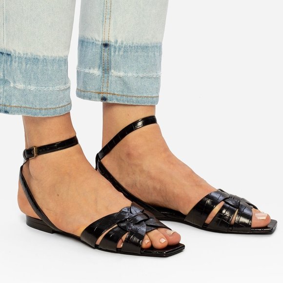 Saint Laurent Shoes - Saint Laurent Tribute Buckled Sandals Black Patent Leather Flat